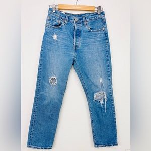 Levi’s Vintage Y2K Blue Distressed High Rise High Waisted 501 Short Mom Jeans